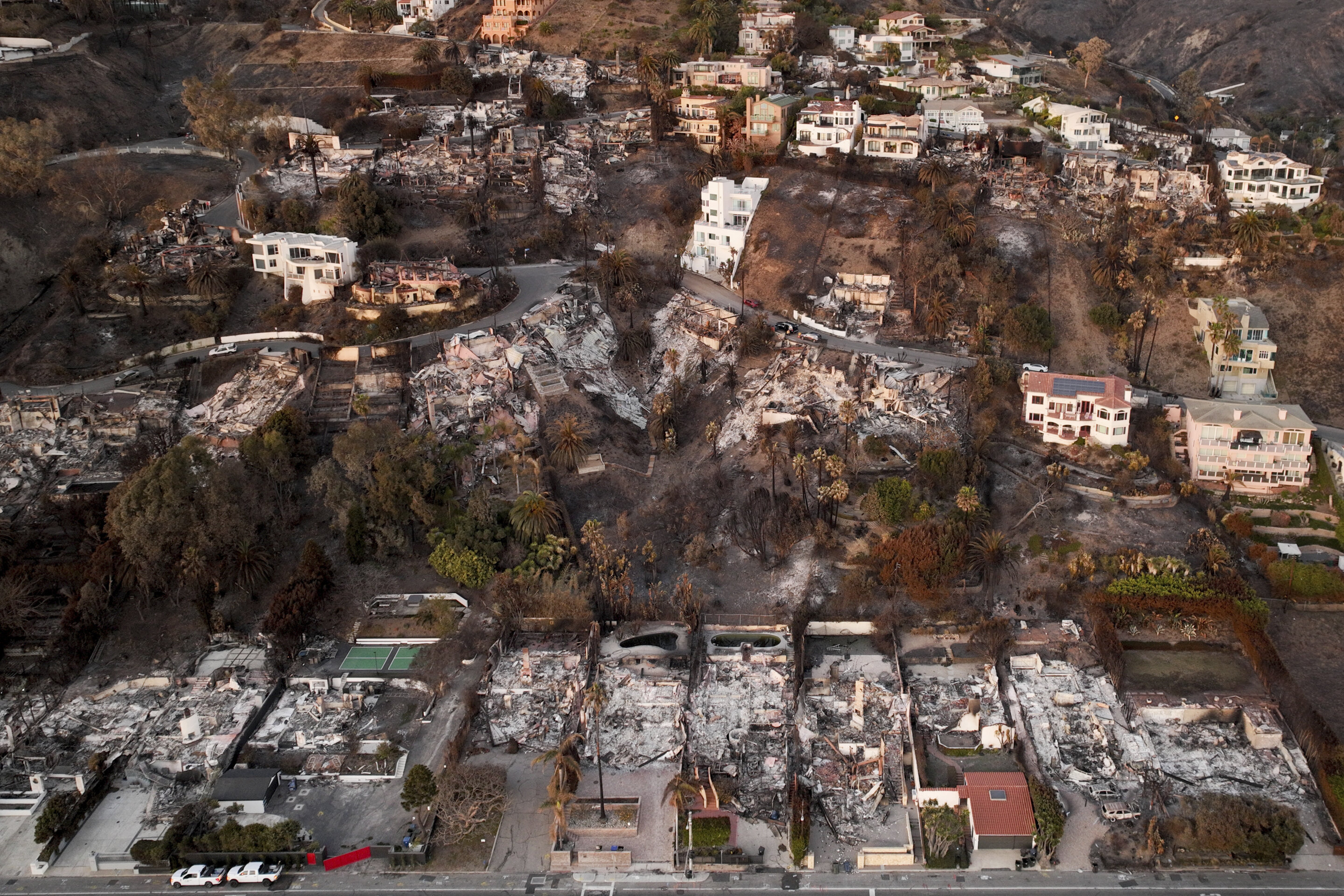 Aerial view of Los Angeles wildfire destruction, 2025